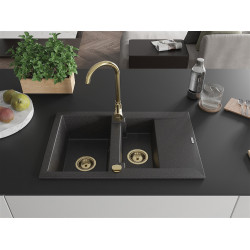 Mexen Gaspar  konyhai mosogató gránit 1,5 medence+csepegtetö+ pop up szifon  737 x 475 mm, fekete köhatasu, szifon  arany  - 6507731505-76-G 1,5 medencés