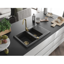 Mexen Gaspar  konyhai mosogató gránit 1,5 medence+csepegtetö+ pop up szifon  737 x 475 mm, fekete köhatasu, szifon  arany  - 6507731505-76-G 1,5 medencés 1,5 medencés 406959 Mexen