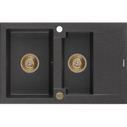 Mexen Gaspar  konyhai mosogató gránit 1,5 medence+csepegtetö+ pop up szifon  737 x 475 mm, fekete köhatasu, szifon  arany  - 6507731505-76-G 1,5 medencés 1,5 medencés 406959 Mexen