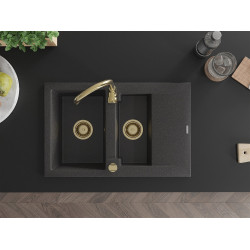 Mexen Gaspar  konyhai mosogató gránit 1,5 medence+csepegtetö+ pop up szifon  737 x 475 mm, fekete köhatasu, szifon  arany  - 6507731505-76-G 1,5 medencés