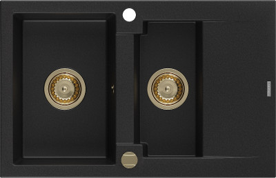 Mexen Gaspar  konyhai mosogató gránit 1,5 medence+csepegtetö+ pop up szifon  737 x 475 mm, fekete , szifon  arany  - 6507731505-77-G 1,5 medencés