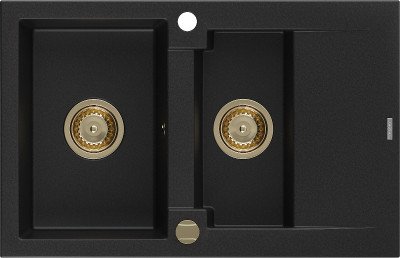 Mexen Gaspar  konyhai mosogató gránit 1,5 medence+csepegtetö+ pop up szifon  737 x 475 mm, fekete , szifon  arany  - 6507731505-77-G 1,5 medencés
