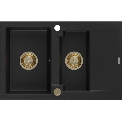 Mexen Gaspar  konyhai mosogató gránit 1,5 medence+csepegtetö+ pop up szifon  737 x 475 mm, fekete , szifon  arany  - 6507731505-77-G 1,5 medencés 1,5 medencés 406959 Mexen