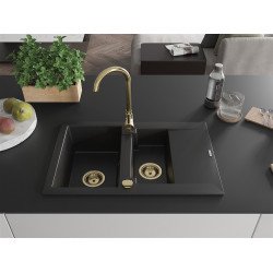 Mexen Gaspar  konyhai mosogató gránit 1,5 medence+csepegtetö+ pop up szifon  737 x 475 mm, fekete , szifon  arany  - 6507731505-77-G 1,5 medencés