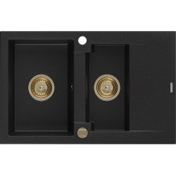 Mexen Gaspar  konyhai mosogató gránit 1,5 medence+csepegtetö+ pop up szifon  737 x 475 mm, fekete , szifon  arany  - 6507731505-77-G 1,5 medencés 1,5 medencés 406959 Mexen