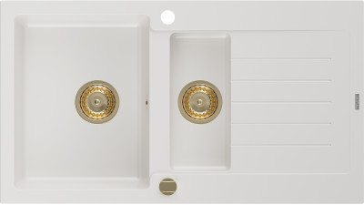 Mexen Matias  konyhai mosogató gránit 1,5 medence+csepegtetö+ pop up szifon  900 x 505 mm, fehér , szifon  arany  - 6502901505-20-G 1,5 medencés