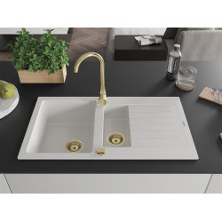 Mexen Matias  konyhai mosogató gránit 1,5 medence+csepegtetö+ pop up szifon  900 x 505 mm, fehér , szifon  arany  - 6502901505-20-G 1,5 medencés
