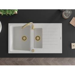 Mexen Matias  konyhai mosogató gránit 1,5 medence+csepegtetö+ pop up szifon  900 x 505 mm, fehér , szifon  arany  - 6502901505-20-G 1,5 medencés