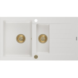 Mexen Matias  konyhai mosogató gránit 1,5 medence+csepegtetö+ pop up szifon  900 x 505 mm, fehér , szifon  arany  - 6502901505-20-G 1,5 medencés 1,5 medencés 406959 Mexen
