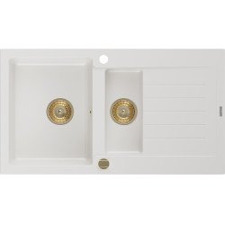 Mexen Matias  konyhai mosogató gránit 1,5 medence+csepegtetö+ pop up szifon  900 x 505 mm, fehér , szifon  arany  - 6502901505-20-G 1,5 medencés 1,5 medencés 406959 Mexen