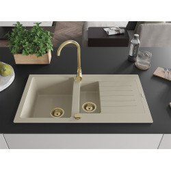 Mexen Matias  konyhai mosogató gránit 1,5 medence+csepegtetö+ pop up szifon  900 x 505 mm, beige, szifon  arany  - 6502901505-69-G 1,5 medencés