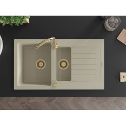 Mexen Matias  konyhai mosogató gránit 1,5 medence+csepegtetö+ pop up szifon  900 x 505 mm, beige, szifon  arany  - 6502901505-69-G 1,5 medencés