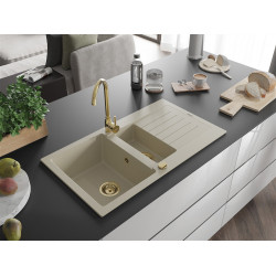 Mexen Matias  konyhai mosogató gránit 1,5 medence+csepegtetö+ pop up szifon  900 x 505 mm, beige, szifon  arany  - 6502901505-69-G 1,5 medencés 1,5 medencés 406959 Mexen
