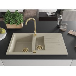 Mexen Matias  konyhai mosogató gránit 1,5 medence+csepegtetö+ pop up szifon  900 x 505 mm, beige, szifon  arany  - 6502901505-69-G 1,5 medencés
