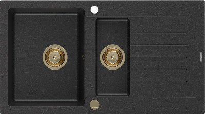 Mexen Matias  konyhai mosogató gránit 1,5 medence+csepegtetö+ pop up szifon  900 x 505 mm, fekete / króm, szifon  arany  - 6502901505-73-G 1,5 medencés