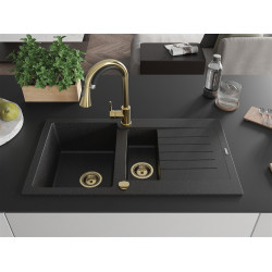 Mexen Matias  konyhai mosogató gránit 1,5 medence+csepegtetö+ pop up szifon  900 x 505 mm, fekete / króm, szifon  arany  - 6502901505-73-G 1,5 medencés