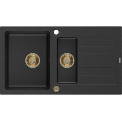Mexen Matias  konyhai mosogató gránit 1,5 medence+csepegtetö+ pop up szifon  900 x 505 mm, fekete / króm, szifon  arany  - 6502901505-73-G 1,5 medencés 1,5 medencés 406959 Mexen