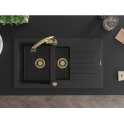 Mexen Matias  konyhai mosogató gránit 1,5 medence+csepegtetö+ pop up szifon  900 x 505 mm, fekete / króm, szifon  arany  - 6502901505-73-G 1,5 medencés