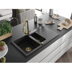 Mexen Matias  konyhai mosogató gránit 1,5 medence+csepegtetö+ pop up szifon  900 x 505 mm, fekete / króm, szifon  arany  - 6502901505-73-G 1,5 medencés 1,5 medencés 406959 Mexen