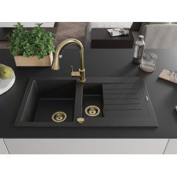 Mexen Matias  konyhai mosogató gránit 1,5 medence+csepegtetö+ pop up szifon  900 x 505 mm, fekete / króm, szifon  arany  - 6502901505-73-G 1,5 medencés
