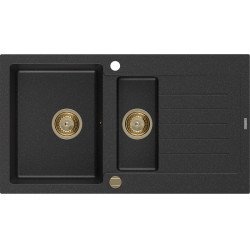 Mexen Matias  konyhai mosogató gránit 1,5 medence+csepegtetö+ pop up szifon  900 x 505 mm, fekete / króm, szifon  arany  - 6502901505-73-G 1,5 medencés 1,5 medencés 406959 Mexen