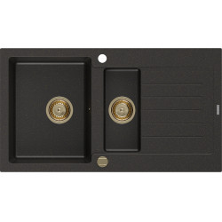 Mexen Matias  konyhai mosogató gránit 1,5 medence+csepegtetö+ pop up szifon  900 x 505 mm, fekete / arany, szifon  arany  - 6502901505-75-G 1,5 medencés 1,5 medencés 406959 Mexen