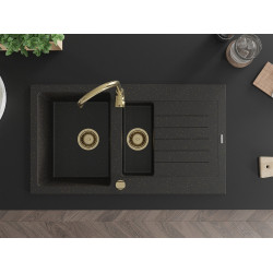 Mexen Matias  konyhai mosogató gránit 1,5 medence+csepegtetö+ pop up szifon  900 x 505 mm, fekete / arany, szifon  arany  - 6502901505-75-G 1,5 medencés