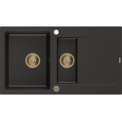 Mexen Matias  konyhai mosogató gránit 1,5 medence+csepegtetö+ pop up szifon  900 x 505 mm, fekete / arany, szifon  arany  - 6502901505-75-G 1,5 medencés 1,5 medencés 406959 Mexen