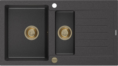Mexen Matias  konyhai mosogató gránit 1,5 medence+csepegtetö+ pop up szifon  900 x 505 mm, fekete köhatasu, szifon  arany  - 6502901505-76-G 1,5 medencés