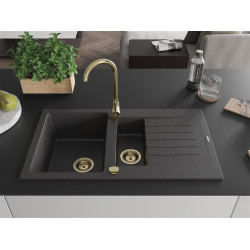 Mexen Matias  konyhai mosogató gránit 1,5 medence+csepegtetö+ pop up szifon  900 x 505 mm, fekete köhatasu, szifon  arany  - 6502901505-76-G 1,5 medencés