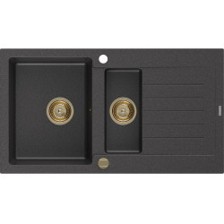 Mexen Matias  konyhai mosogató gránit 1,5 medence+csepegtetö+ pop up szifon  900 x 505 mm, fekete köhatasu, szifon  arany  - 6502901505-76-G 1,5 medencés 1,5 medencés 406959 Mexen