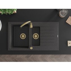 Mexen Matias  konyhai mosogató gránit 1,5 medence+csepegtetö+ pop up szifon  900 x 505 mm, fekete köhatasu, szifon  arany  - 6502901505-76-G 1,5 medencés