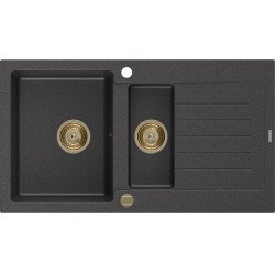 Mexen Matias  konyhai mosogató gránit 1,5 medence+csepegtetö+ pop up szifon  900 x 505 mm, fekete köhatasu, szifon  arany  - 6502901505-76-G 1,5 medencés 1,5 medencés 406959 Mexen