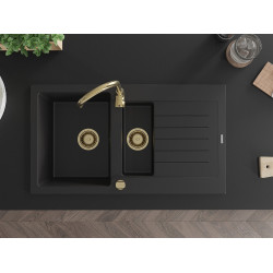 Mexen Matias  konyhai mosogató gránit 1,5 medence+csepegtetö+ pop up szifon  900 x 505 mm, fekete , szifon  arany  - 6502901505-77-G 1,5 medencés