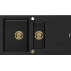 Mexen Matias  konyhai mosogató gránit 1,5 medence+csepegtetö+ pop up szifon  900 x 505 mm, fekete , szifon  arany  - 6502901505-77-G 1,5 medencés 1,5 medencés 406959 Mexen