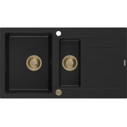 Mexen Matias  konyhai mosogató gránit 1,5 medence+csepegtetö+ pop up szifon  900 x 505 mm, fekete , szifon  arany  - 6502901505-77-G 1,5 medencés 1,5 medencés 406959 Mexen