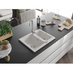Mexen Carlos  konyhai mosogató gránit 1,5  medence+ pop up szifon 582 x 475 mm, fehér , szifon   króm - 6518581500-20 1,5 medencés