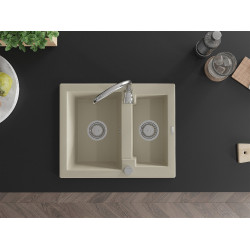 Mexen Carlos  konyhai mosogató gránit 1,5  medence+ pop up szifon 582 x 475 mm, beige, szifon   króm - 6518581500-69 1,5 medencés