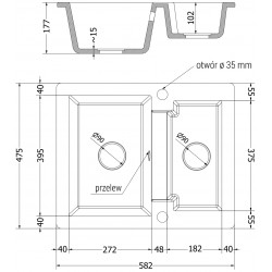 Mexen Carlos  konyhai mosogató gránit 1,5  medence+ pop up szifon 582 x 475 mm, beige, szifon   króm - 6518581500-69 1,5 medencés