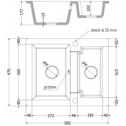 Mexen Carlos  konyhai mosogató gránit 1,5  medence+ pop up szifon 582 x 475 mm, beige, szifon   króm - 6518581500-69 1,5 medencés