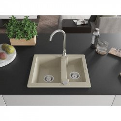 Mexen Carlos  konyhai mosogató gránit 1,5  medence+ pop up szifon 582 x 475 mm, beige, szifon   króm - 6518581500-69 1,5 medencés