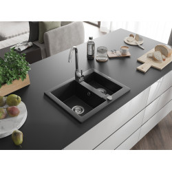 Mexen Carlos  konyhai mosogató gránit 1,5  medence+ pop up szifon 582 x 475 mm, fekete , szifon   króm - 6518581500-77 1,5 medencés 1,5 medencés 406959 Mexen