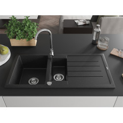 Mexen Andres  konyhai mosogató gránit 1,5 medence+csepegtetö+ pop up szifon  1000 x 500 mm, fekete / króm - 6515101510-73 1,5 medencés