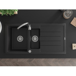Mexen Andres  konyhai mosogató gránit 1,5 medence+csepegtetö+ pop up szifon  1000 x 500 mm, fekete  - 6515101510-77 1,5 medencés