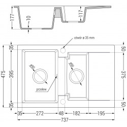 Mexen Gaspar  konyhai mosogató gránit 1,5 medence+csepegtetö+ pop up szifon  737 x 475 mm, beige - 6507731505-69 1,5 medencés