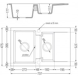 Mexen Gaspar  konyhai mosogató gránit 1,5 medence+csepegtetö+ pop up szifon  737 x 475 mm, beige - 6507731505-69 1,5 medencés