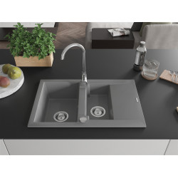 Mexen Gaspar  konyhai mosogató gránit 1,5 medence+csepegtetö+ pop up szifon  737 x 475 mm, szürke - 6507731505-71 1,5 medencés