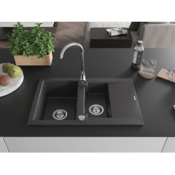 Mexen Gaspar  konyhai mosogató gránit 1,5 medence+csepegtetö+ pop up szifon  737 x 475 mm, fekete köhatasu - 6507731505-76 1,5 medencés