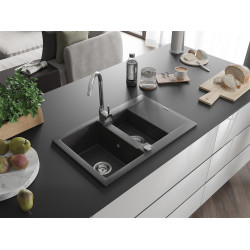 Mexen Gaspar  konyhai mosogató gránit 1,5 medence+csepegtetö+ pop up szifon  737 x 475 mm, fekete köhatasu - 6507731505-76 1,5 medencés 1,5 medencés 406959 Mexen