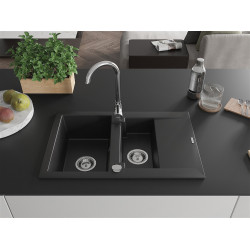 Mexen Gaspar  konyhai mosogató gránit 1,5 medence+csepegtetö+ pop up szifon  737 x 475 mm, fekete  - 6507731505-77 1,5 medencés
